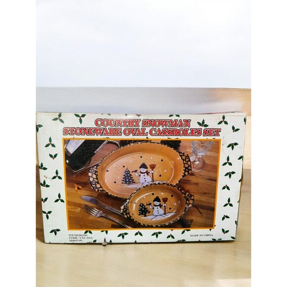 Country Snowman Stoneware Oval Casserole Set - Picture 8 of 11